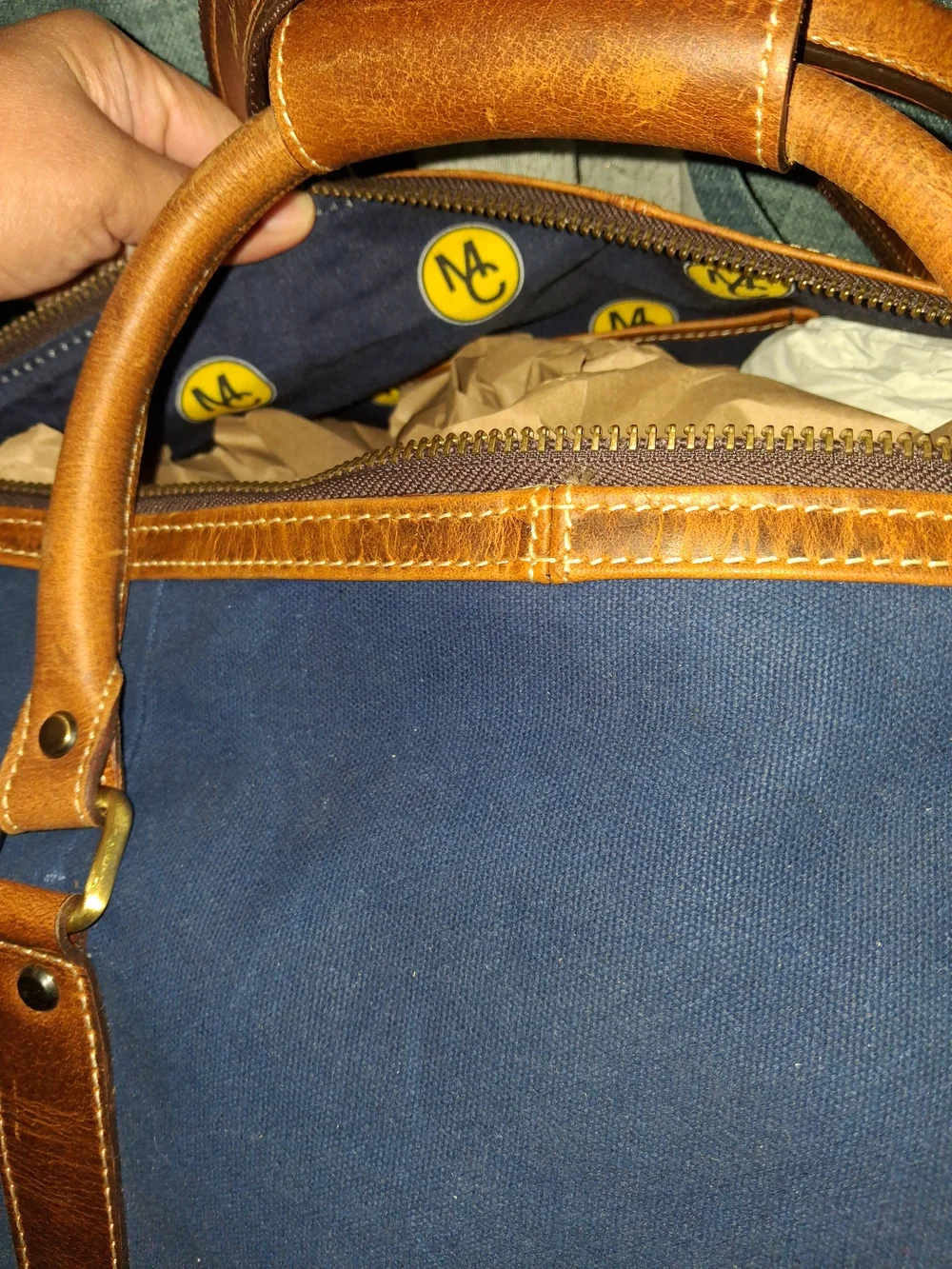 Canvas & Leather Weekender Bag in Navy Brown